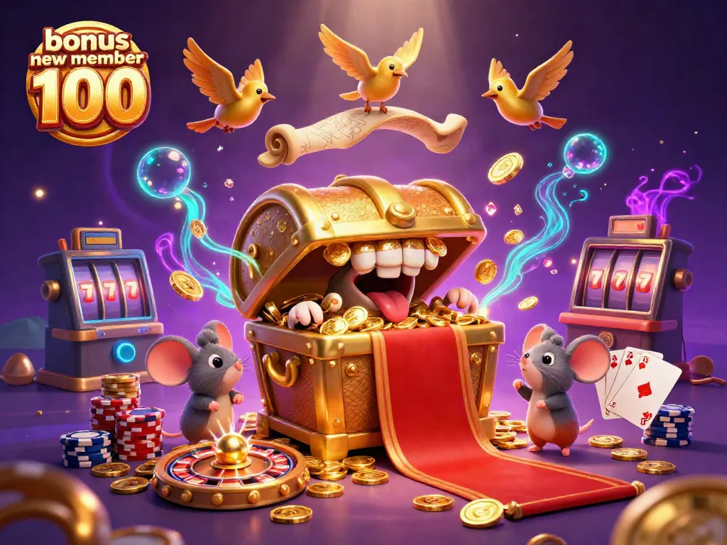 Adventurer mice are drawn to a treasure chest, featuring the bonus new member 100 casino promotion with dynamic slot symbols.