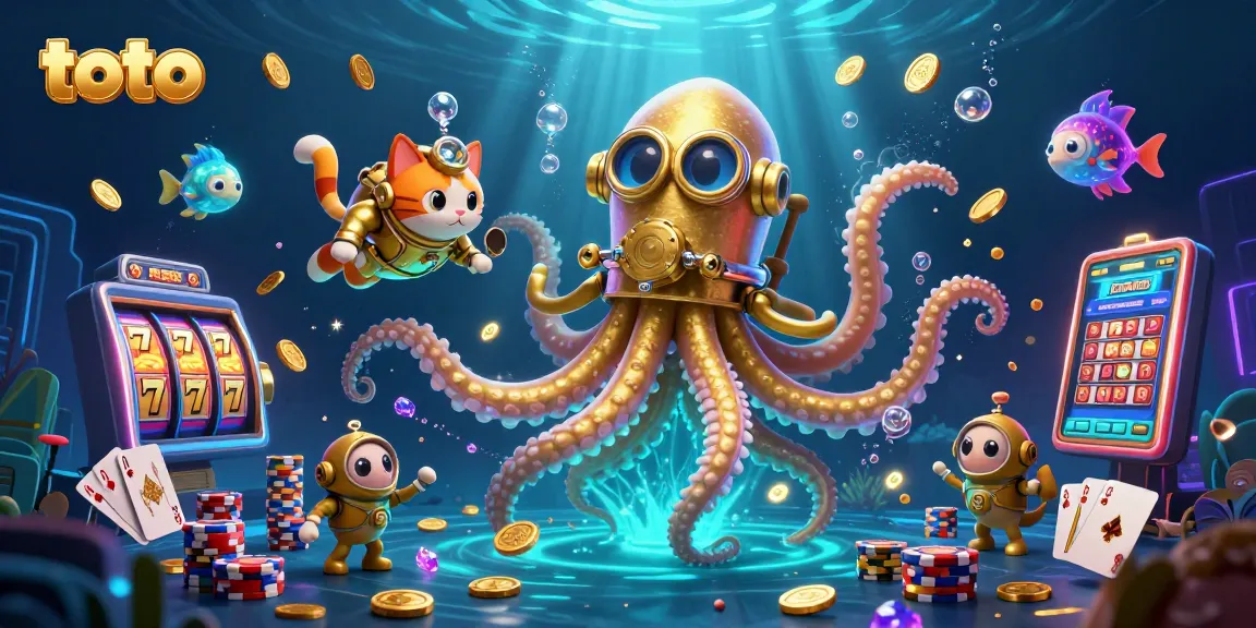 Spin with Toto and unlock jackpots with vibrant slots and gaming action featuring a kraken and diving cat.