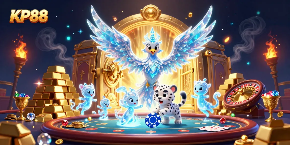 KP88 showcases a magical casino scene featuring a vibrant ice phoenix and live casino elements.