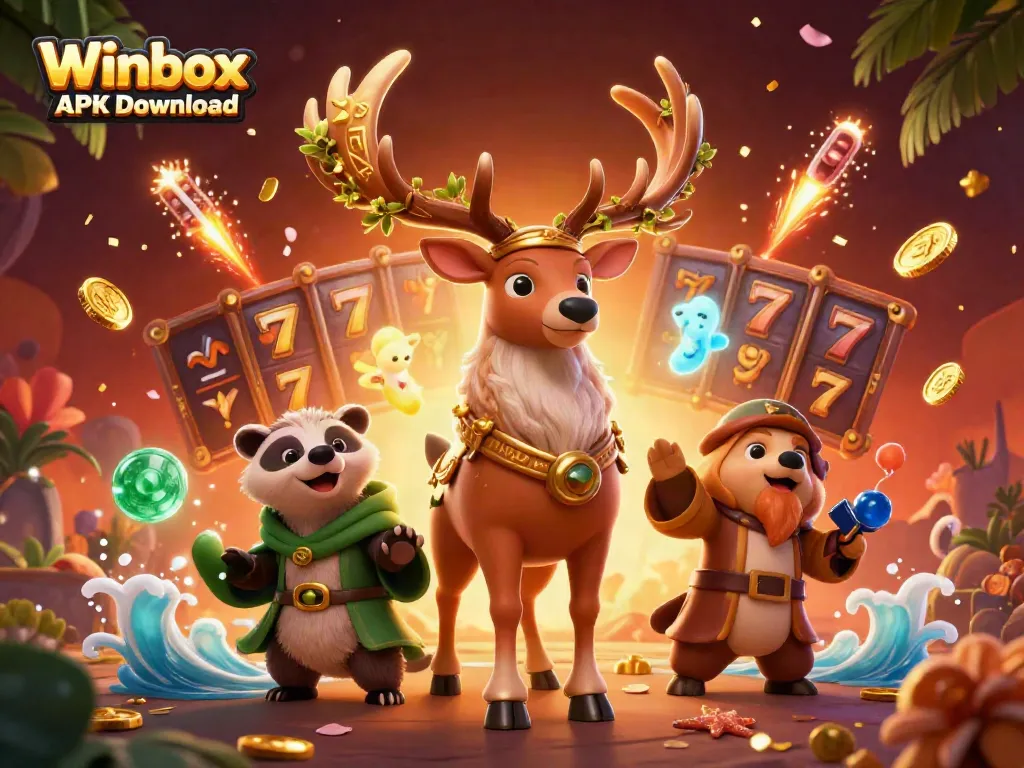 Winbox APK Download vibrant casino illustration featuring slot reels and a Celtic stag.