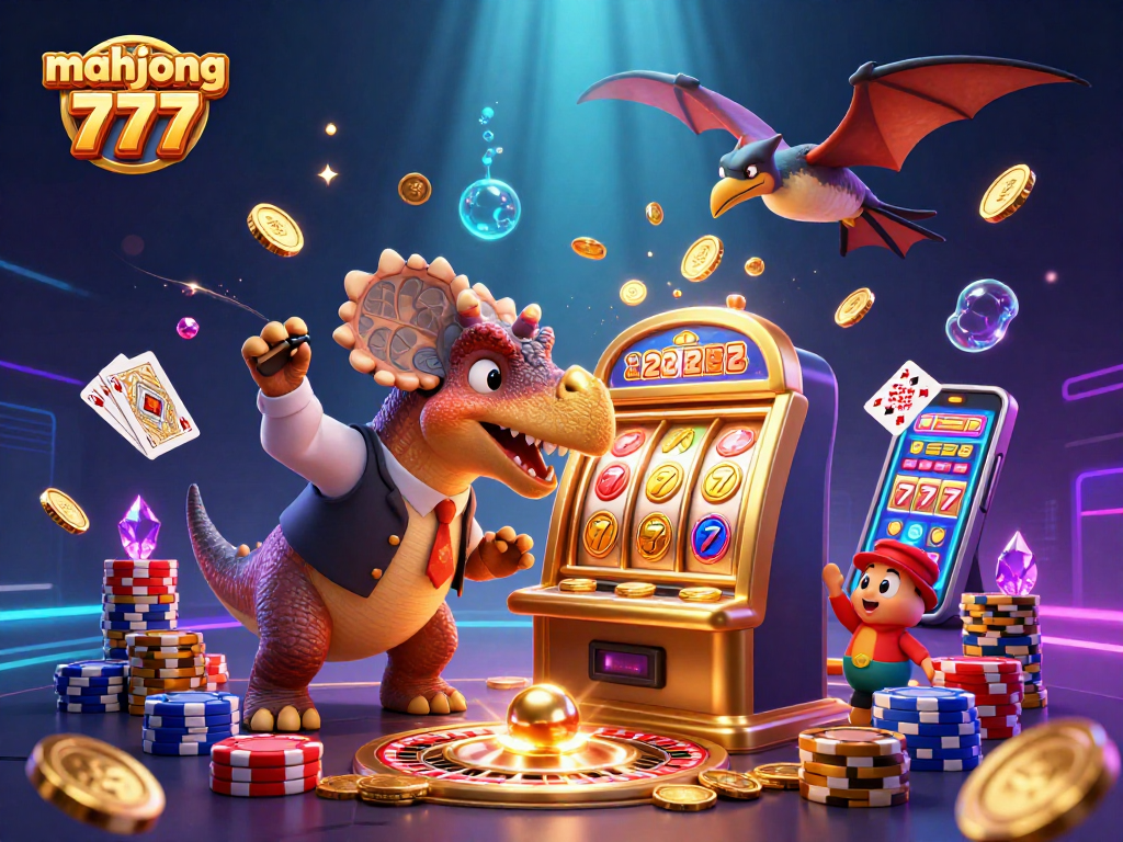 Experience the excitement of mahjong 777 with animated characters, soaring coins, and dynamic slot machines.