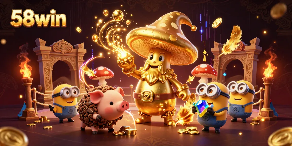 Experience magic and excitement with 58win's golden wizard and treasures in a vibrant casino adventure.