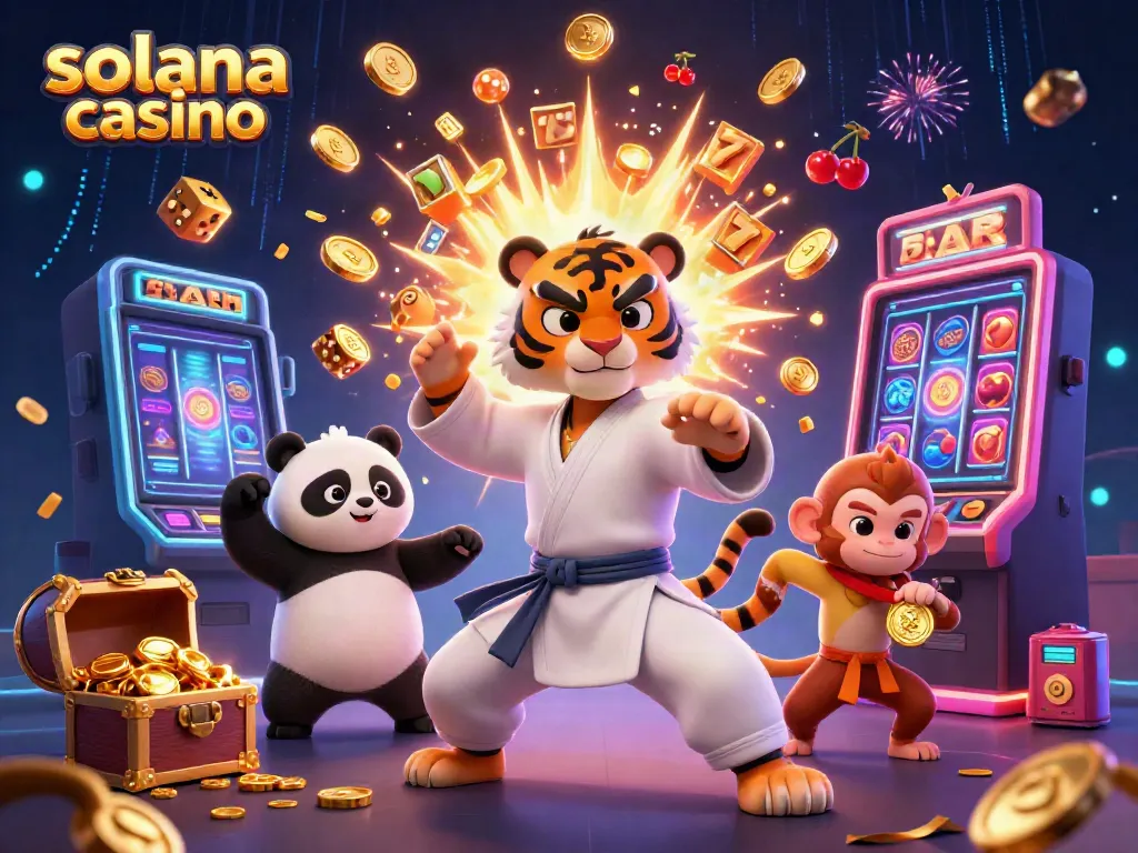 Engage with the vibrant scene of solana casino featuring a kung fu tiger, panda, and mischievous monkey enjoying a jackpot.