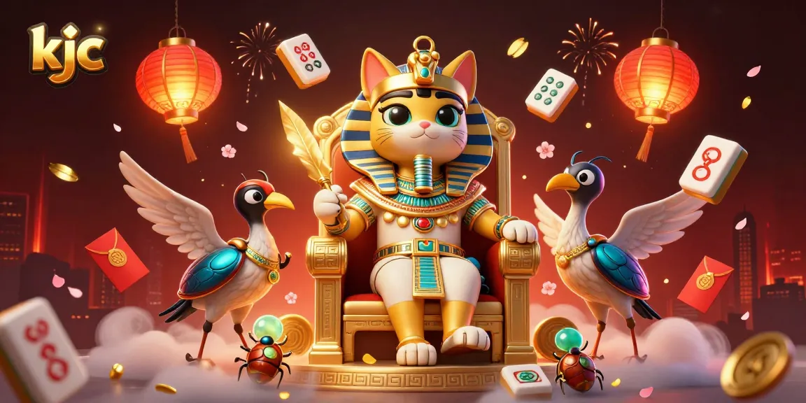KJC enhances gaming with a vibrant illustration of an Egyptian pharaoh cat and gaming elements.