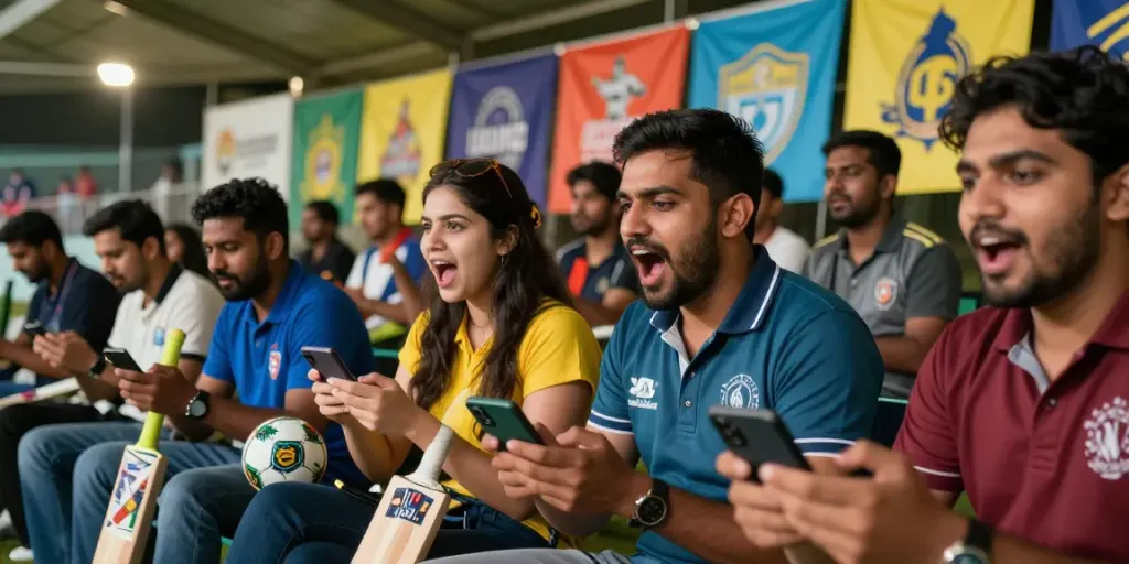 Exciting sports betting experience with friends using lotus365 at a cricket match.