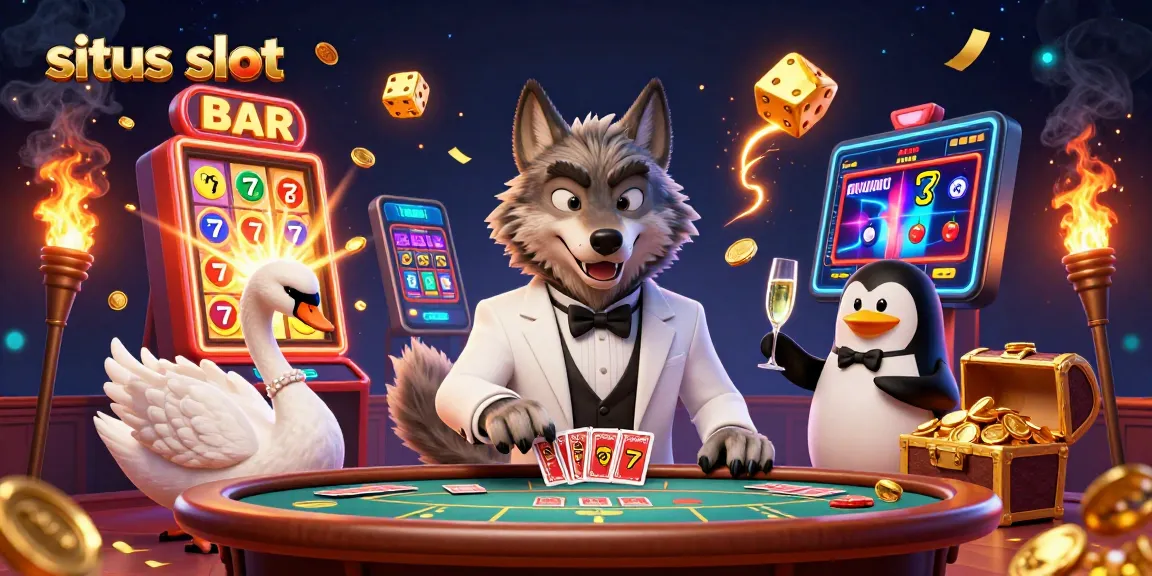 Engage with the vibrant world of situs slot gaming through an exciting 3D illustration featuring animated characters and dynamic casino elements.