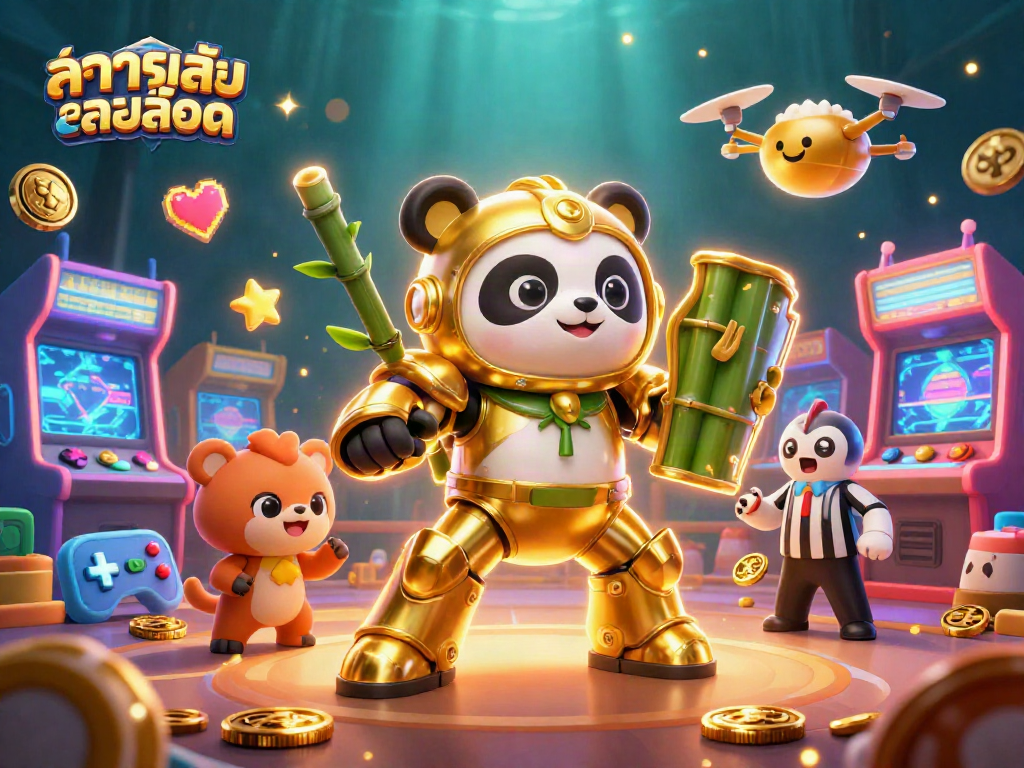 Join the adventure of ทดลองเล่นสล็อต with a mech-suit panda in a vibrant arcade-casino showdown.