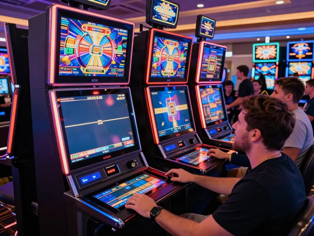 A80 slot information platform with players engaging in an exciting casino environment featuring vibrant slot machines and neon lights.