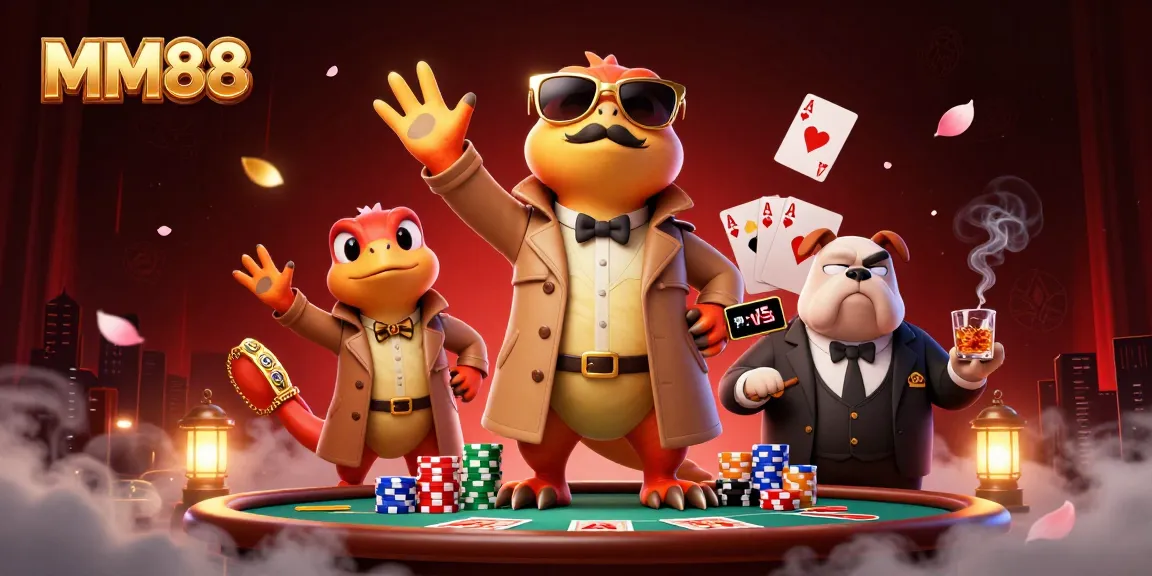 Experience MM88's vibrant casino atmosphere with cartoon raptors sneaking into a VIP lounge.