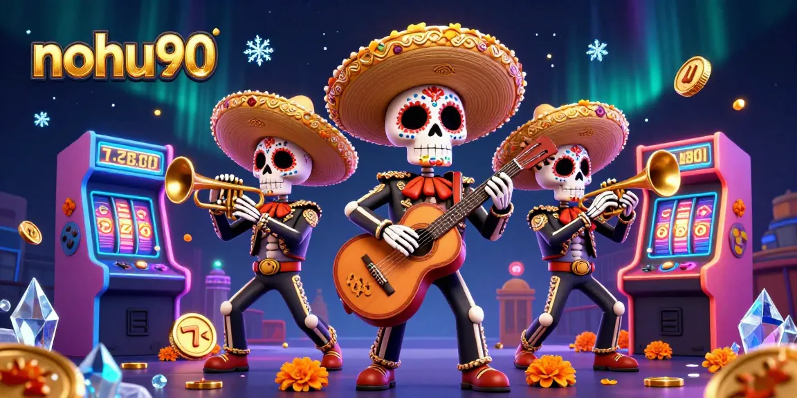 Spin the reels with nohu90 in this vibrant Day of the Dead-themed online casino scene.