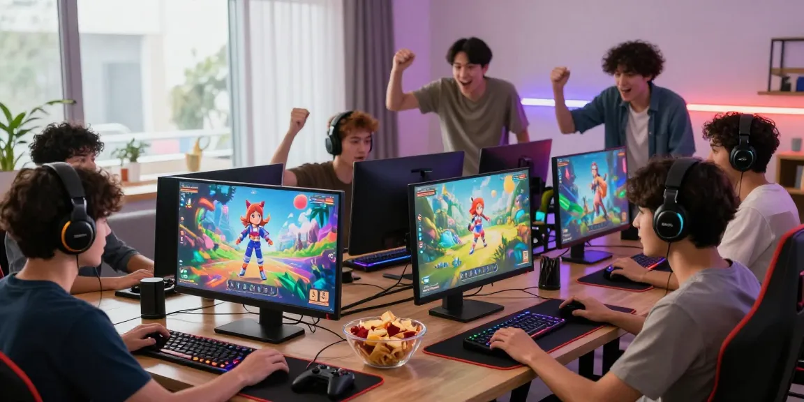 Exciting group of friends playing a hentai game online in a vibrant gaming setup.