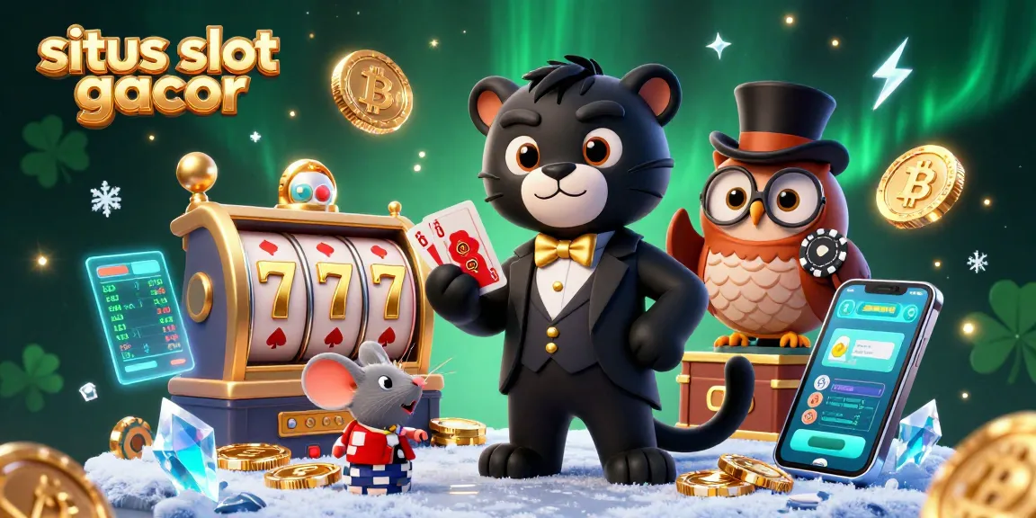 Engage with situs slot gacor in a vibrant 3D scene featuring a stylish panther dealing cards surrounded by coins.