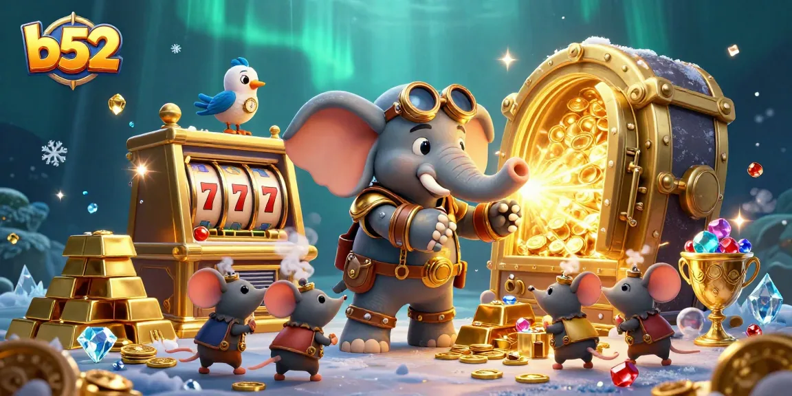 Engage with b52 slots and jackpots through a vibrant 3D steampunk casino scene featuring dynamic elements and treasures.