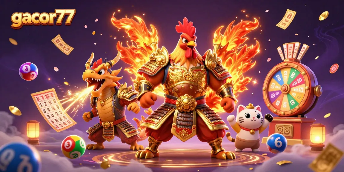 Gacor77 menampilkan petarung ayam berperang di arena judi online yang dipenuhi bola lotere warna-warni.