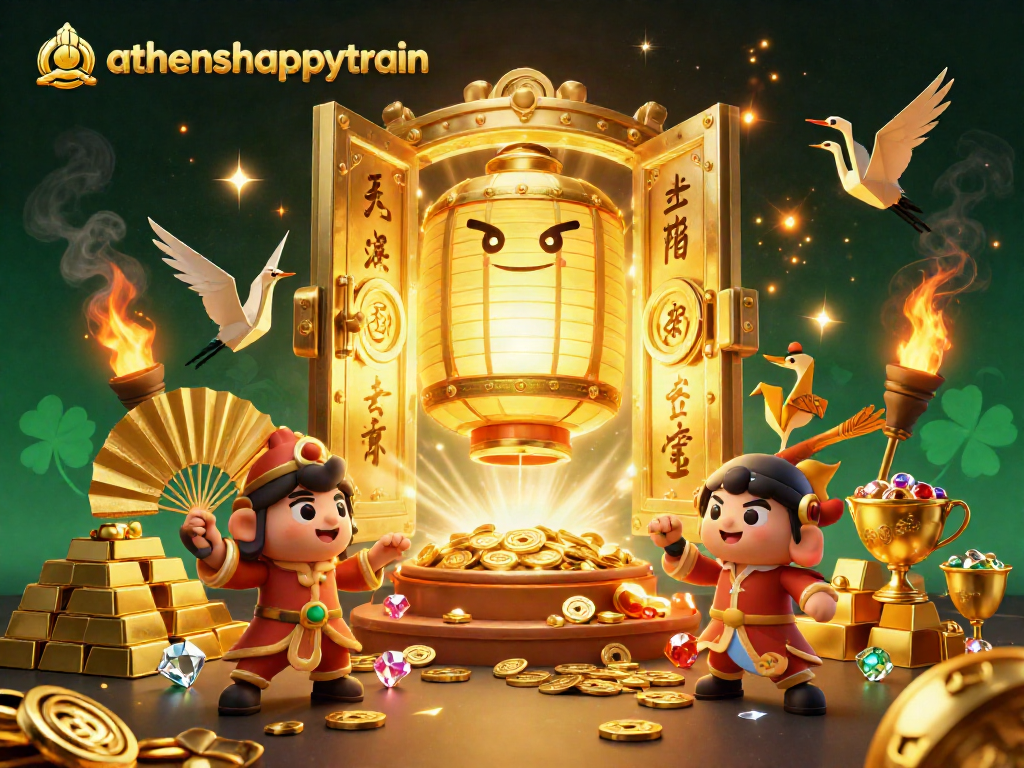 A dynamic illustration of athenshappytrain featuring a golden lantern spirit above a busy night market casino scene.