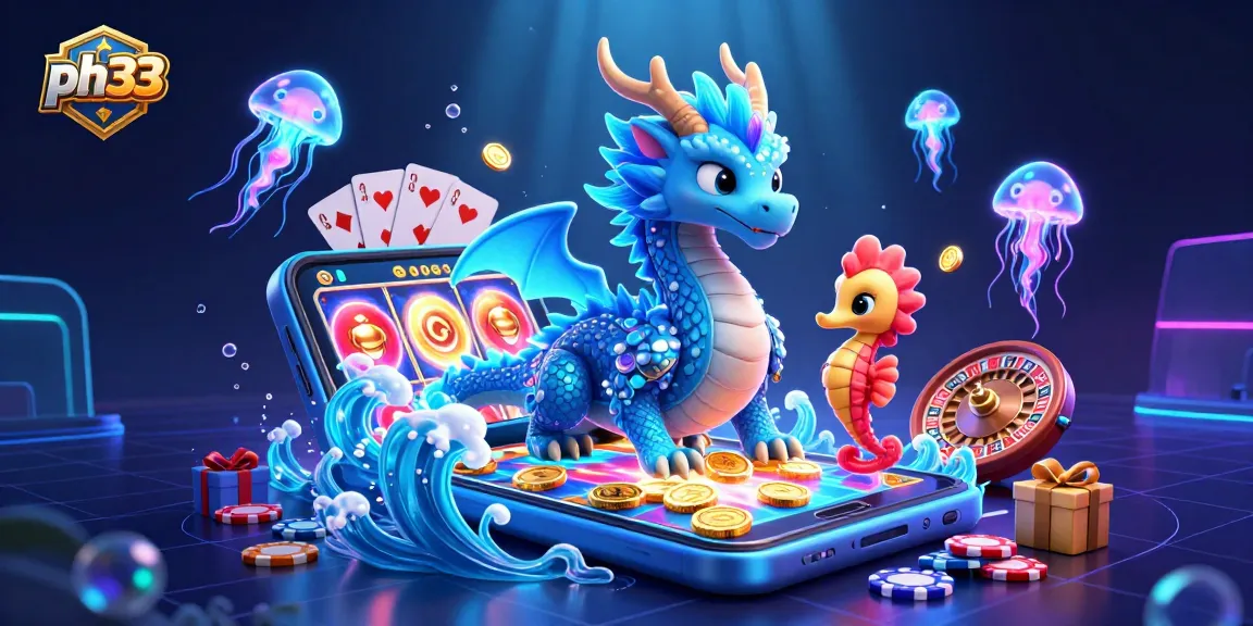 Engage with ph33's vibrant online gaming world featuring a dragon and seahorse knights amid slot games.