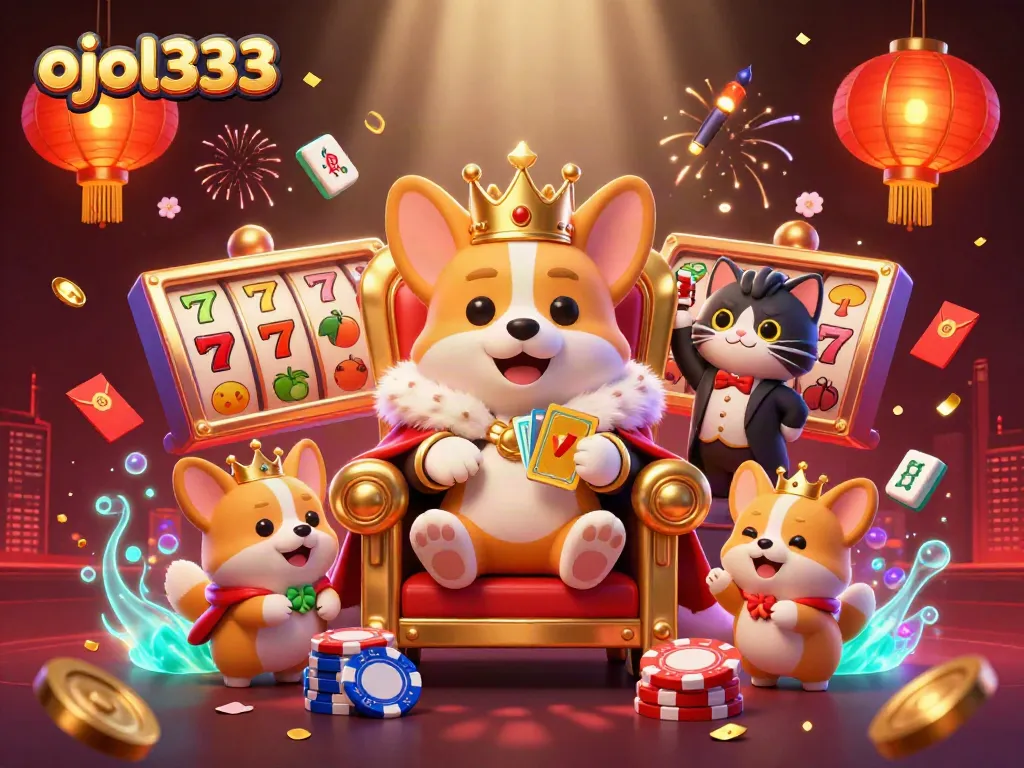 Engage with fun slots action in ojol333 showcasing a royal corgi and vibrant casino elements.