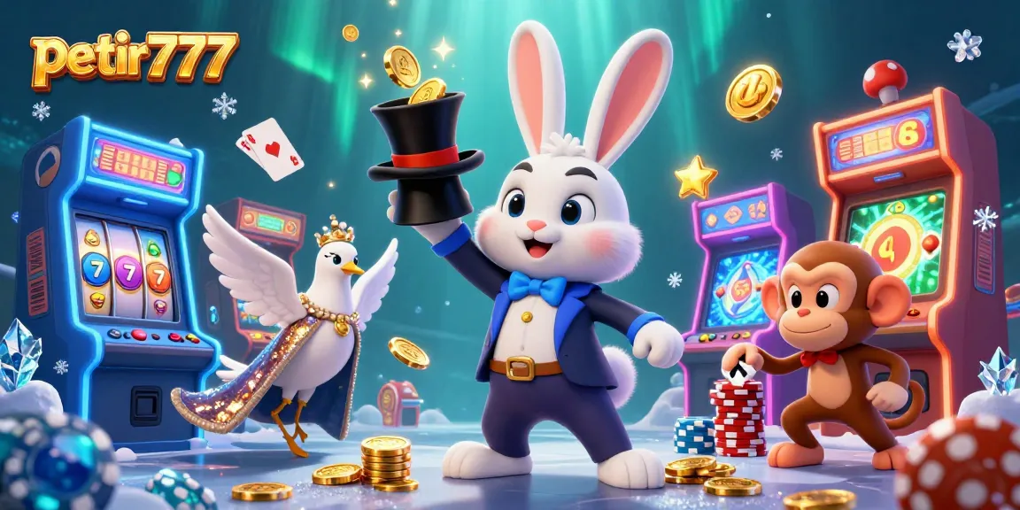 Experience thrilling fun on petir777 with a whimsical illustration showcasing lucky charms and casino excitement.