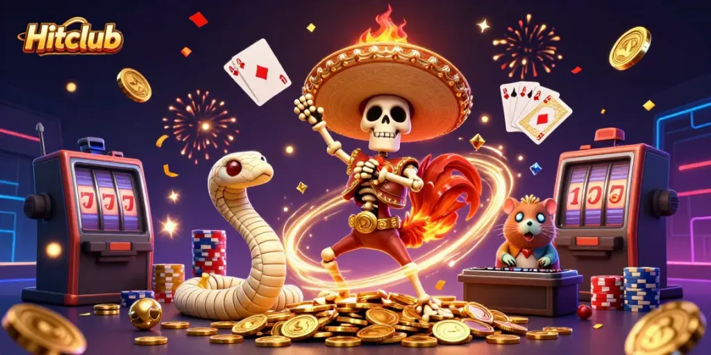 Hitclub's vibrant 3D casino scene with cartoon characters celebrating wins surrounded by coins and games.