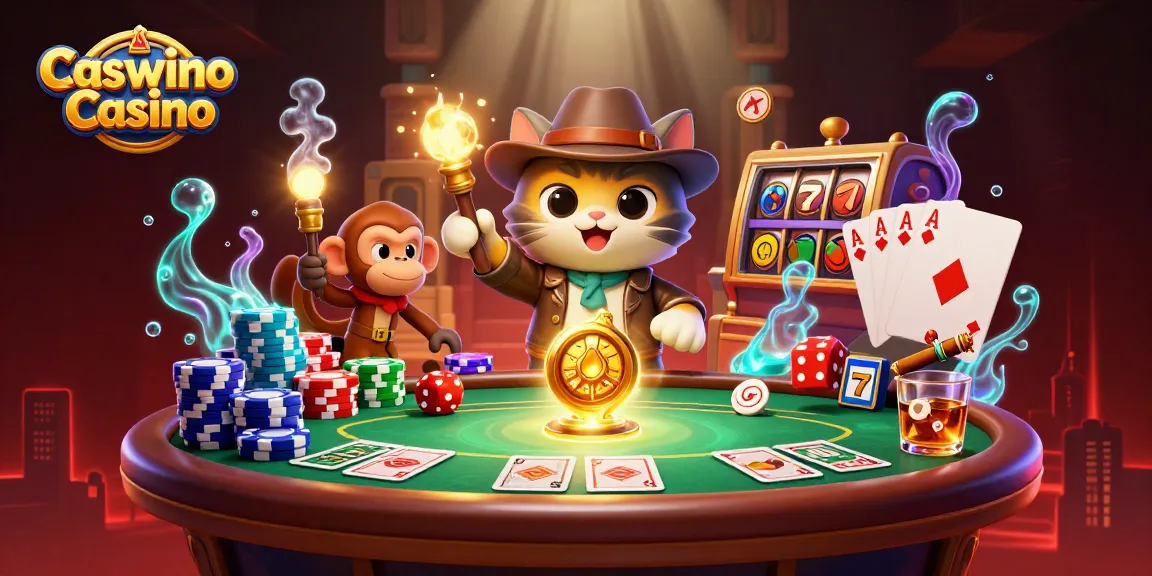 Experience the thrilling atmosphere of Caswino Casino with an adventurous cat and a monkey amidst vibrant casino elements.