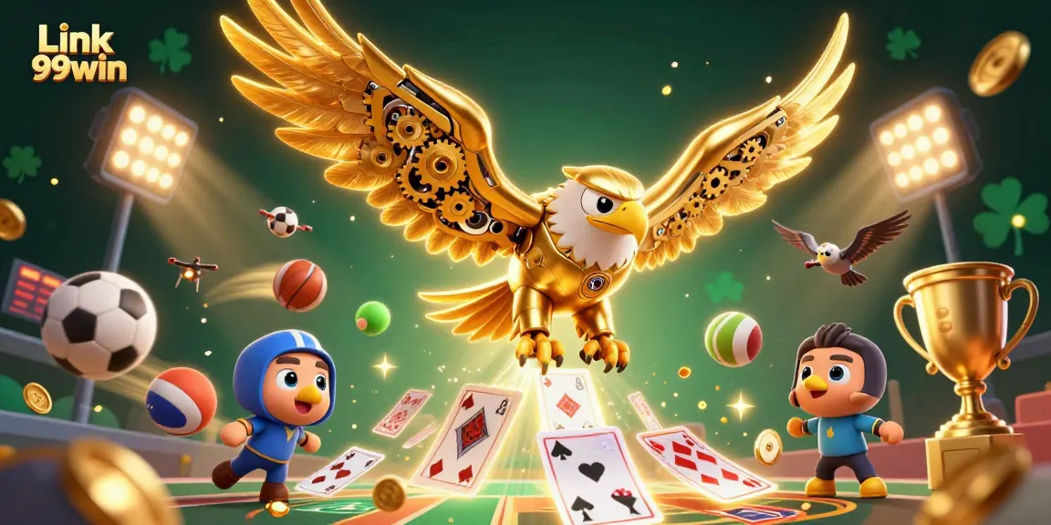 Engage with Link 99win and experience the thrill of winning as cybernetic eagle dives through holographic cards.
