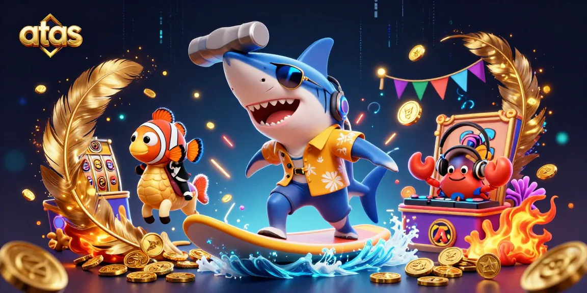 Experience exhilarating gambling excitement at atas with vivid characters surfing gold coins.