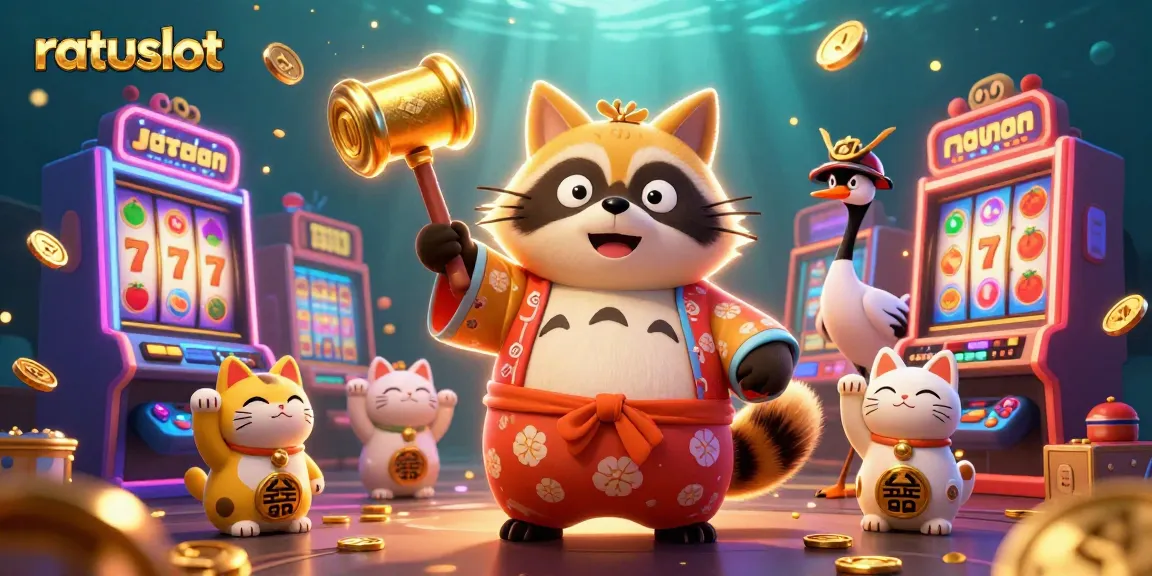 Win big at ratuslot with a cheerful tanuki and friends surrounded by 3D slot machines and colorful coins.