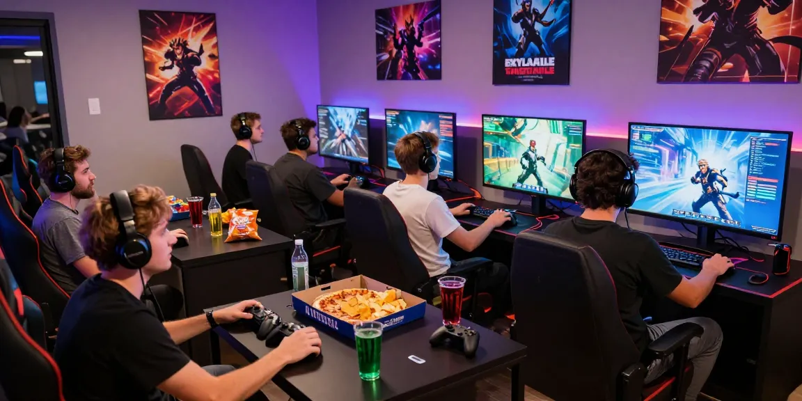Friends enjoying a gaming night at the hit club, surrounded by consoles, drinks, and snacks.