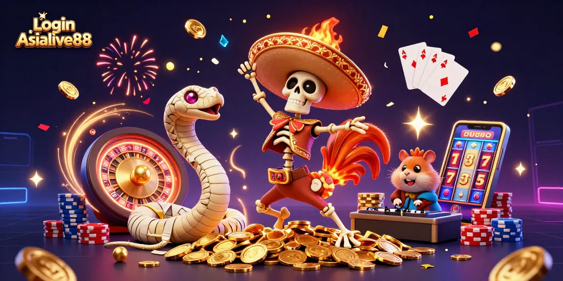 Engage with Login Asialive88 for vibrant gaming adventures featuring a celebratory skeleton rooster and exciting casino elements.