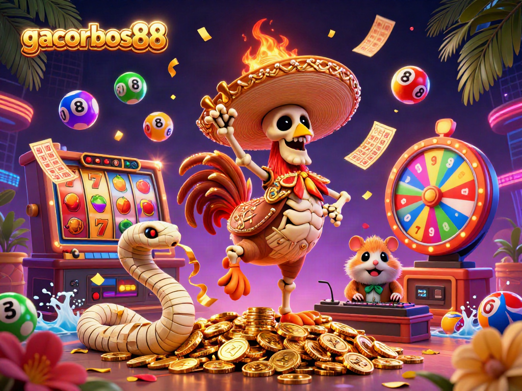 Engage in the vibrant world of gacorbos88 with a festive scene featuring a mariachi rooster dancing as lottery elements burst around.