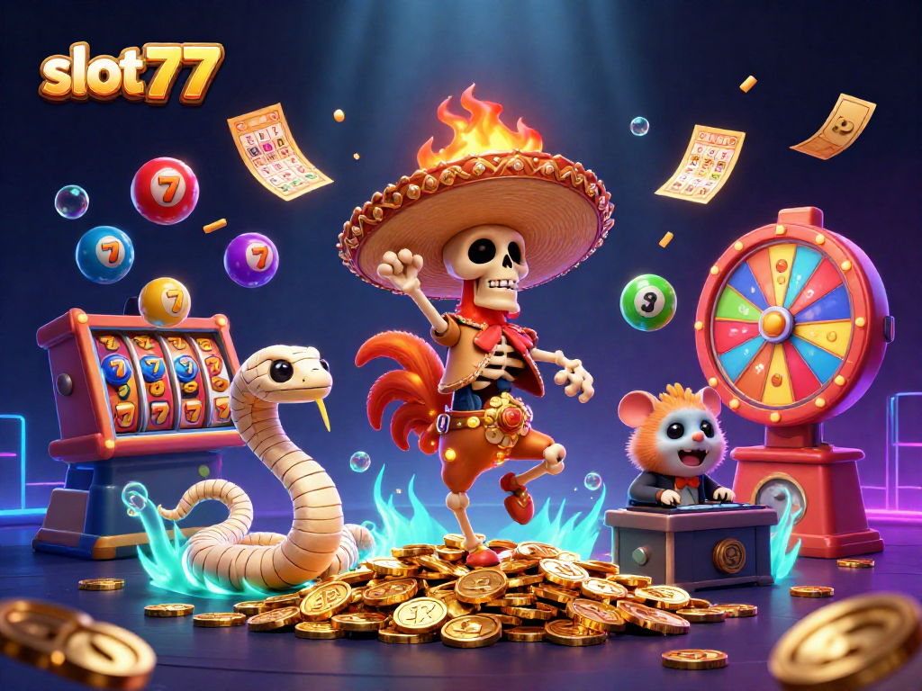 Menampilkan slot777 yang seru dengan skeleton mariachi berdansa di atas koin emas