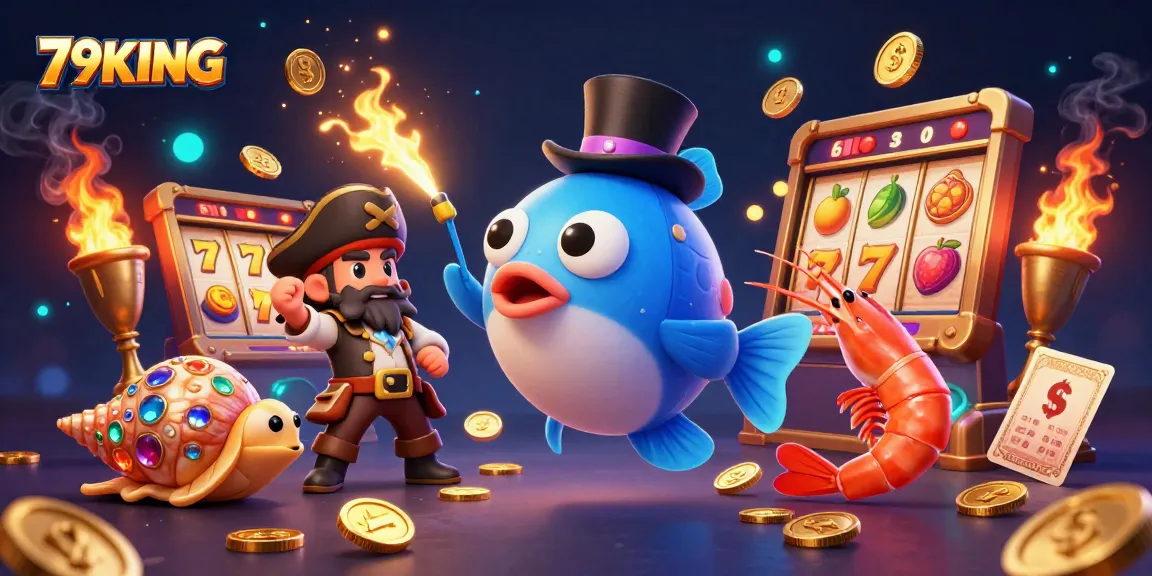 79KING showcases an anglerfish attracting coins amidst slot reels and vibrant casino elements.