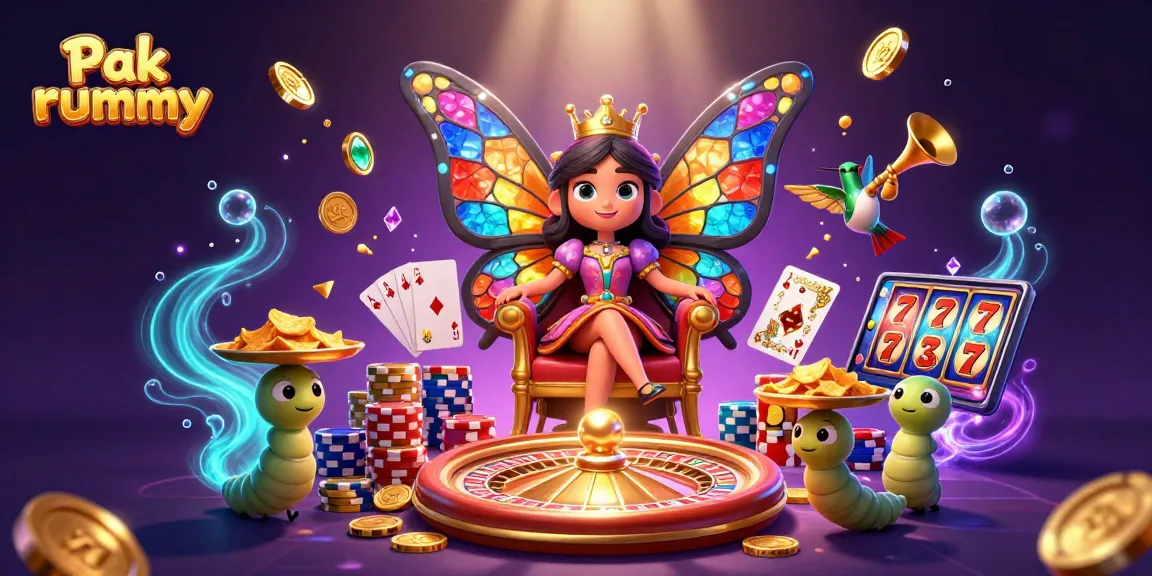 Experience the vibrant Pak rummy scene, featuring a butterfly queen, golden chips, and dynamic casino elements.