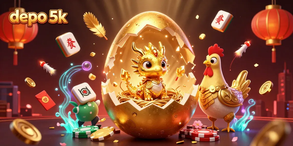 Engage with the thrilling scene of depo 5k, showcasing a golden dragon amidst a vibrant casino atmosphere.