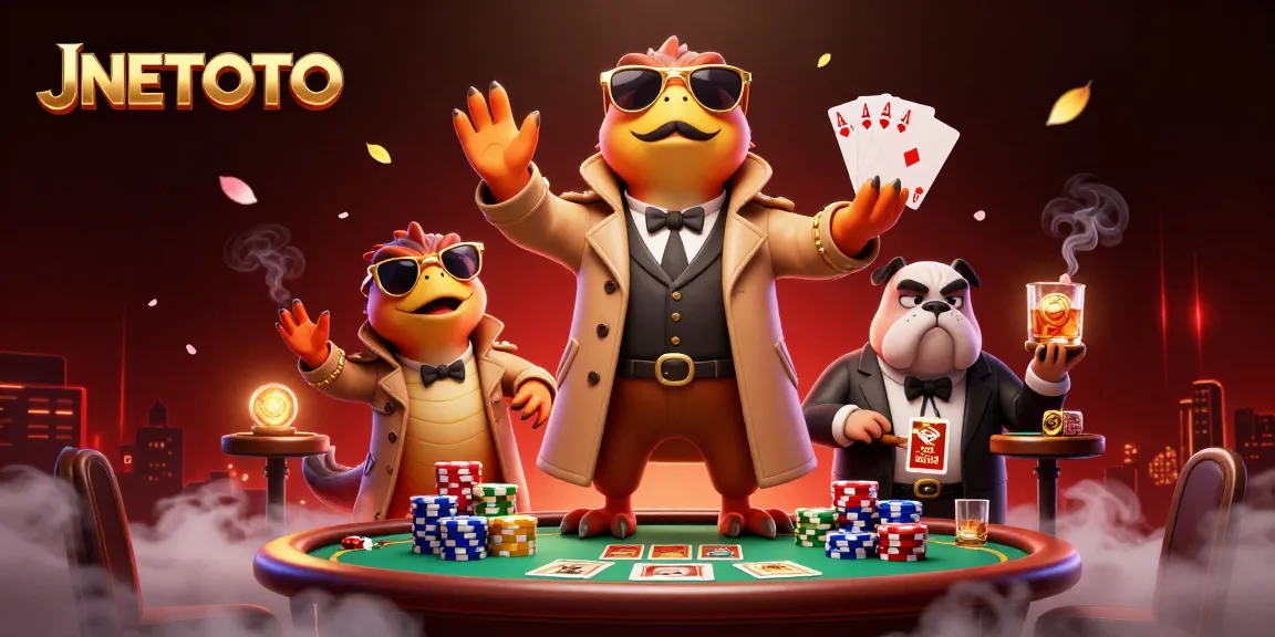 JNETOTO hadir sebagai tema utama dalam ilustrasi 3D kasino yang menarik yang menampilkan tiga raptor dalam satu jas, menciptakan suasana penuh keseruan.
