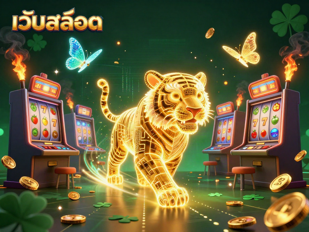 Experience เว็บสล็อต with our vibrant 3D illustration showing a golden tiger and dynamic slot elements.