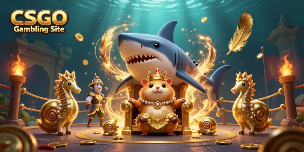 Engaging CSGO Gambling Site illustration of a golden hamster king on a megalodon throne surrounded by vibrant casino elements.
