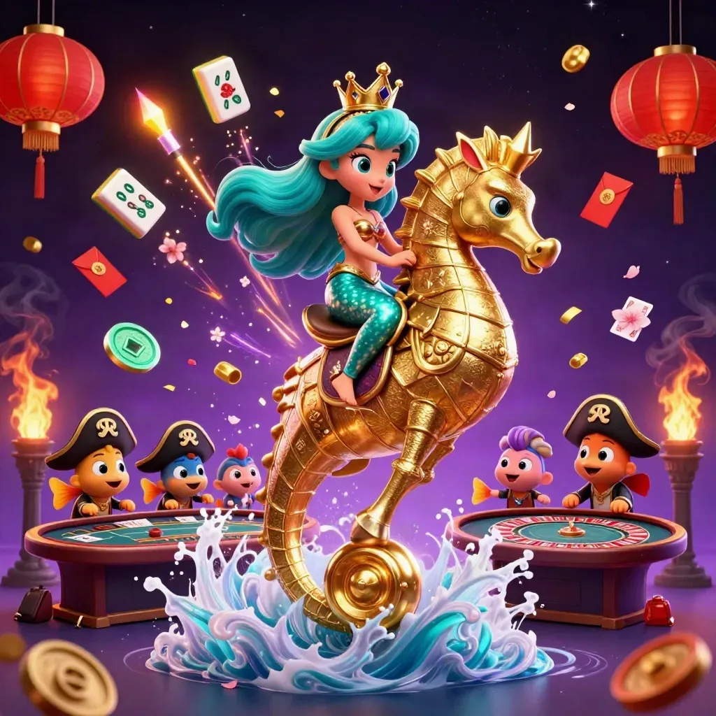 Mermaid princess rides armored seahorse amid casino treasure, lanterns, tiles and neon sparks.