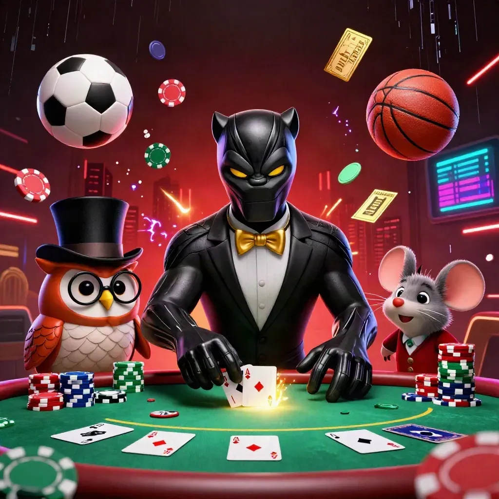 Black panther, owl, and mouse in a neon casino card showdown amid chips and sports props