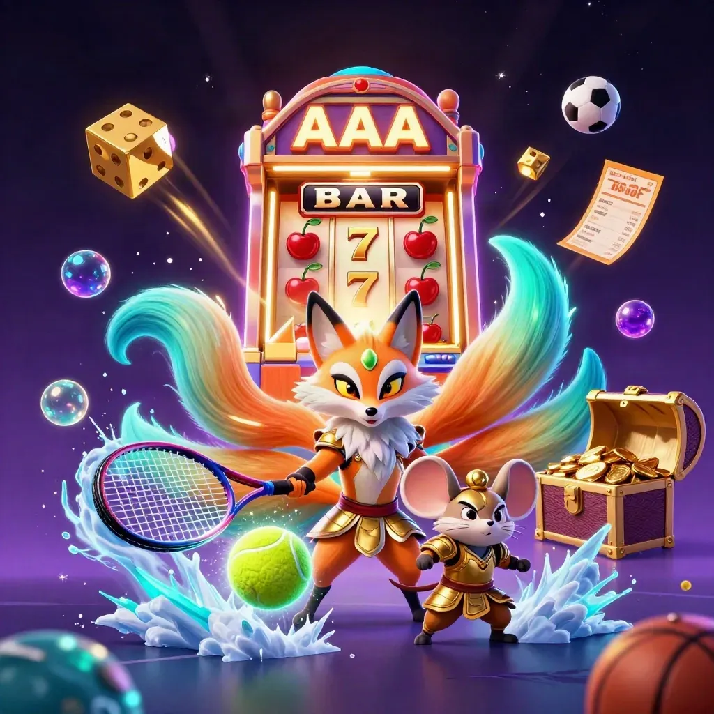 Neon fox spirit and armored mouse amid casino bursts, floating balls, and magical energy.