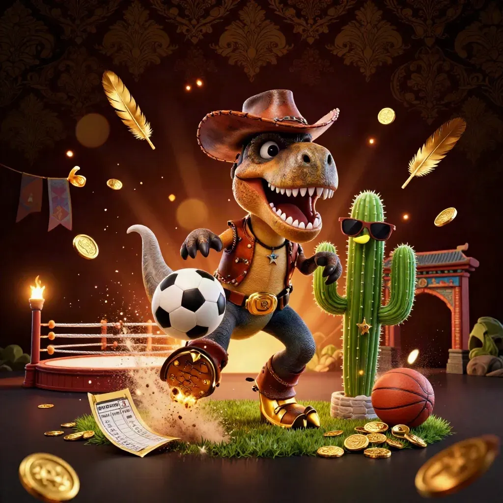 Cowboy T-Rex trio with flying sports balls, coins, and neon casino glow.