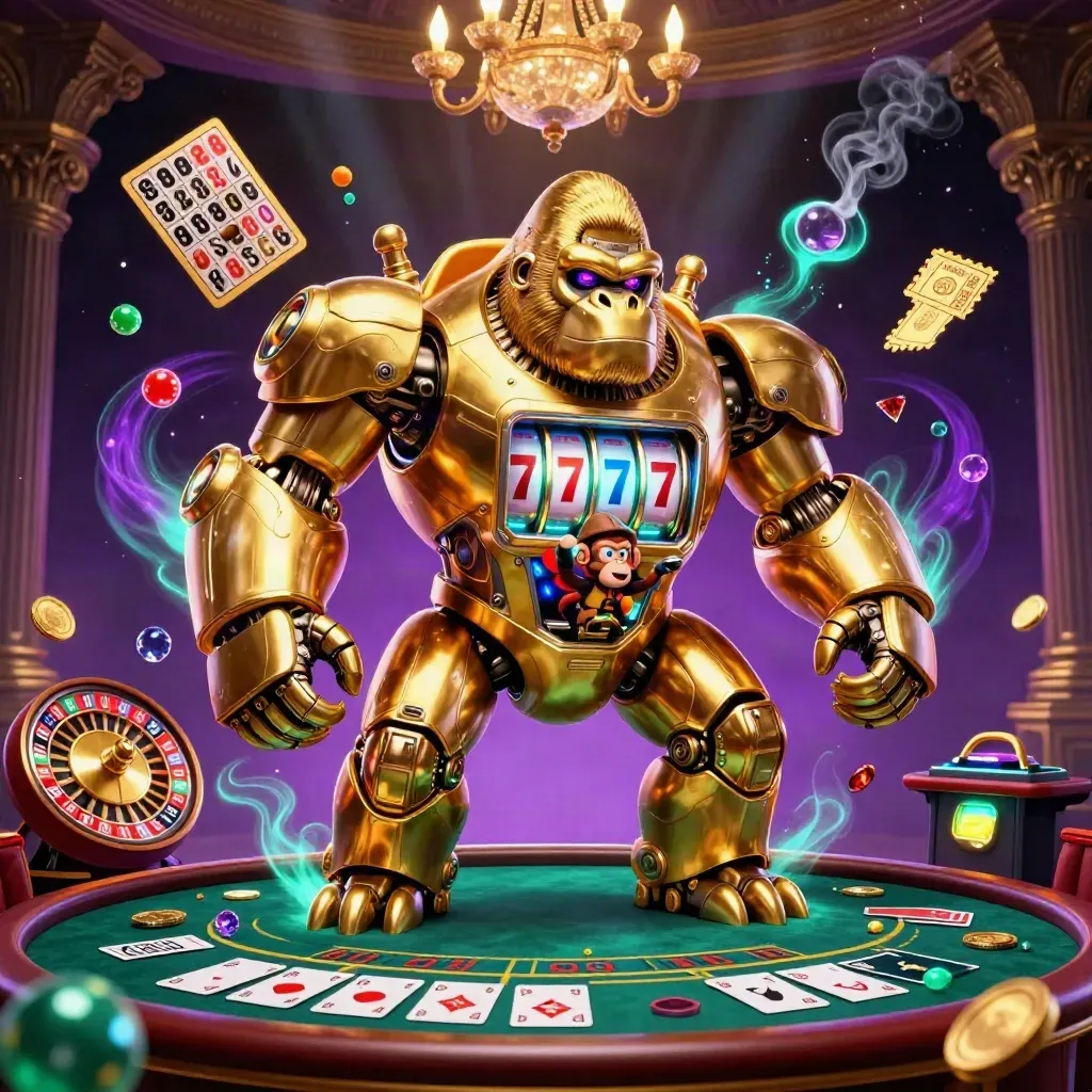 Golden gorilla mech and monkey pilot in a neon casino burst with reels, cards, and gold lights