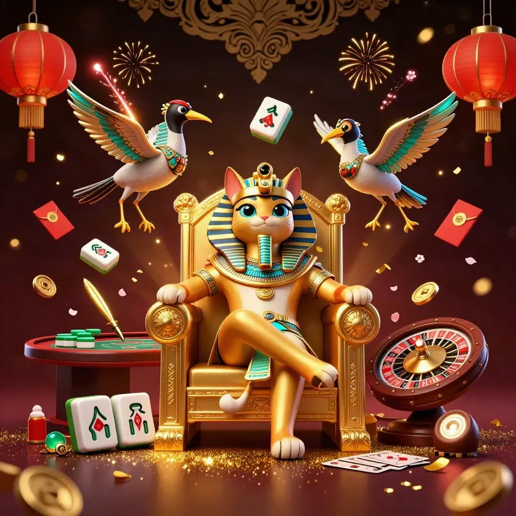 Pharaoh cat on golden throne with ibis scribe, scarabs, lanterns, coins, and casino magic.