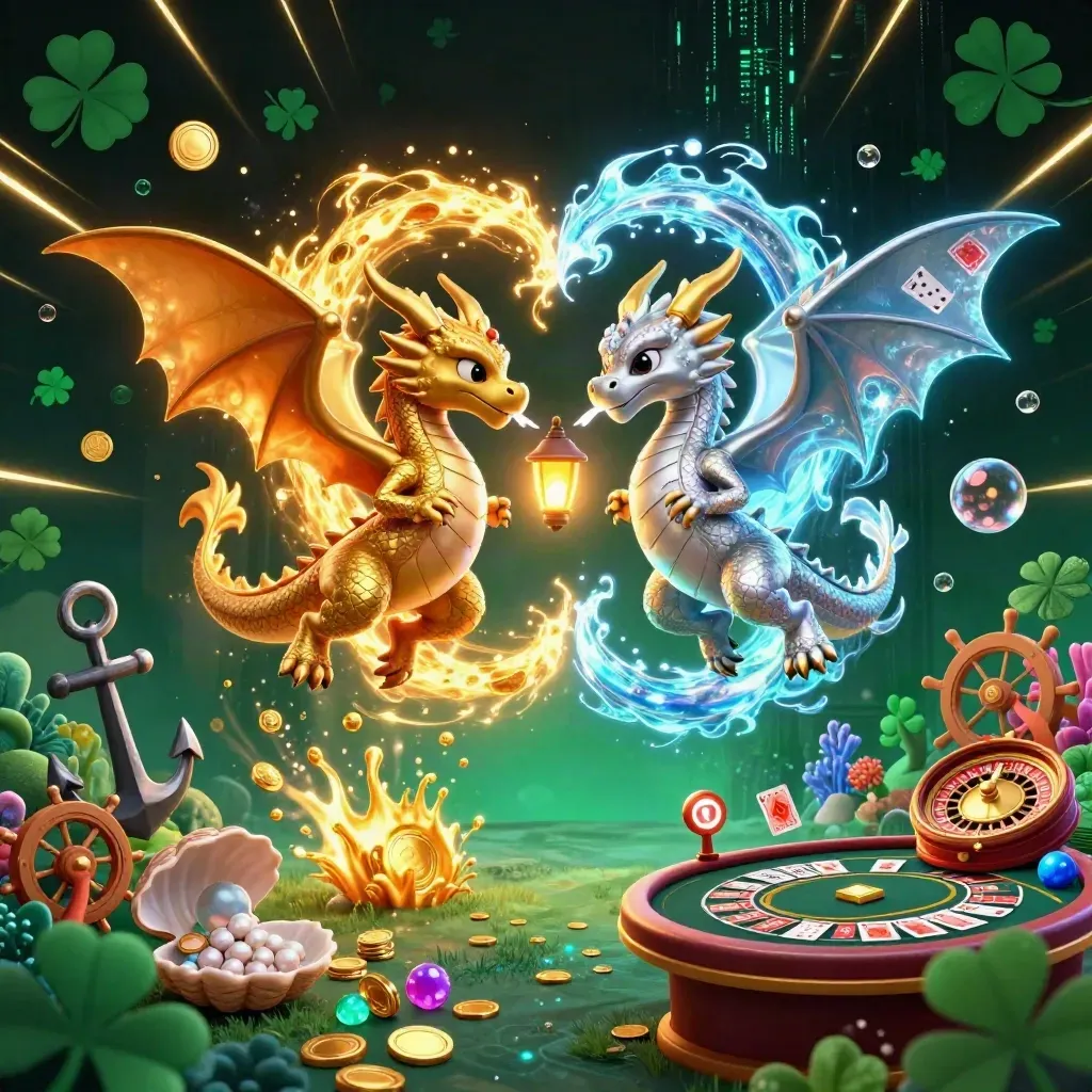 Gold and silver dragons form a yin-yang over treasure, neon cove, and casino lights.
