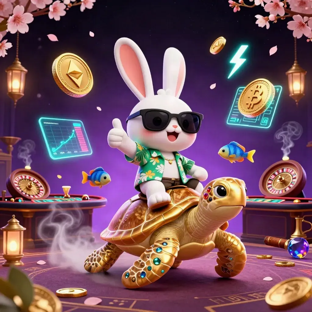 Lucky rabbit on a golden sea turtle amid neon crypto coins in a luxe casino dreamscape