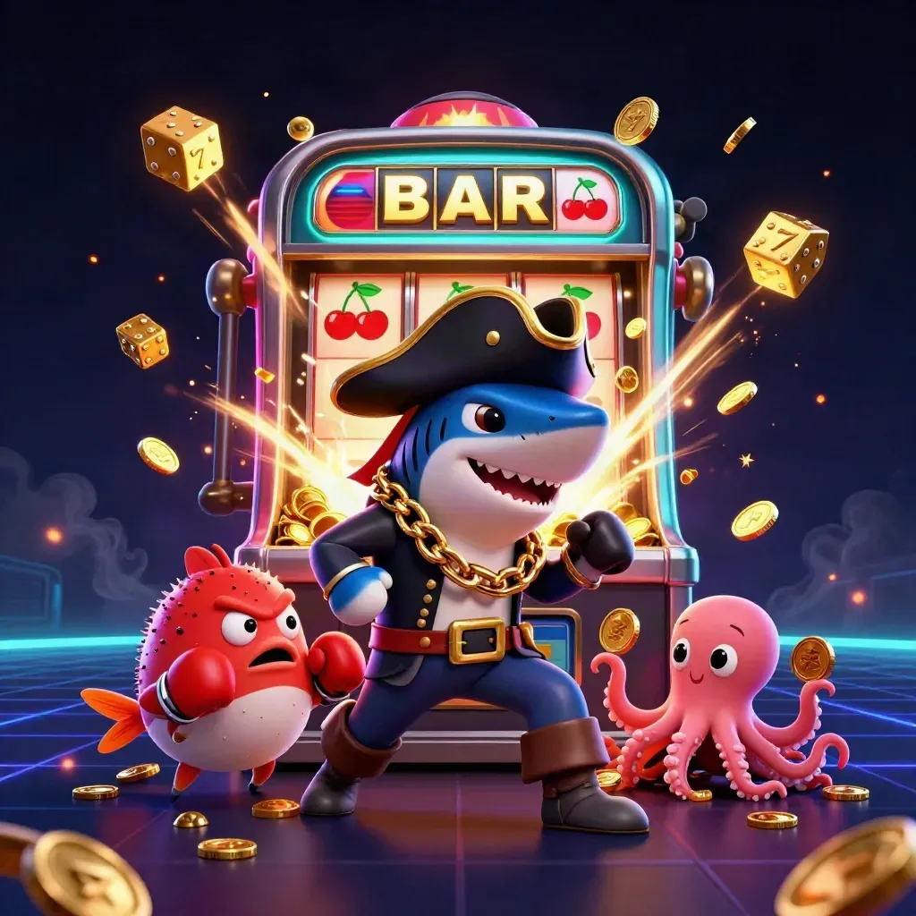 Pirate shark, boxing pufferfish, and coin-juggling octopus exploding from a neon slot machine.