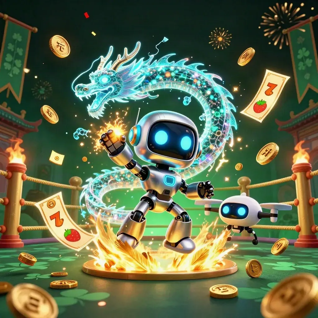 Chrome robot, holographic dragon, and drone amid casino treasure, temple gate, and neon sparks.