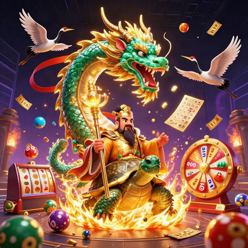 Emerald dragon, turtle sage, and cranes amid casino treasure bursts on a dark neon grid.