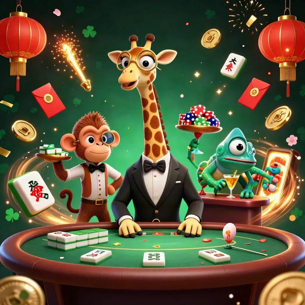 Giraffe, monkey, and chameleon in a neon casino burst with chips, coins, lanterns, and fireworks.