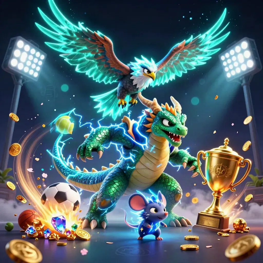 Thunder dragon, cyan hawk and spark mouse burst amid coins, sports balls, trophy and stadium lights.